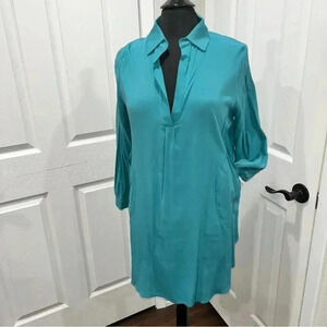 Ekouer teal v- neck shirt dress long sleeve with pockets NWT